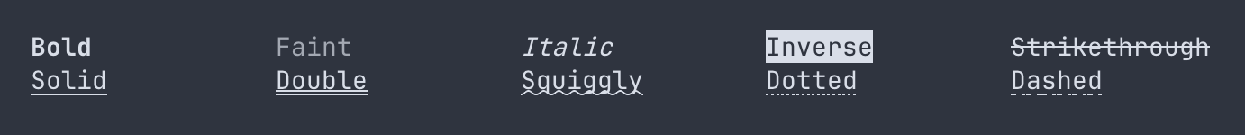 A screenshot of a terminal emulator displaying different text markup styles